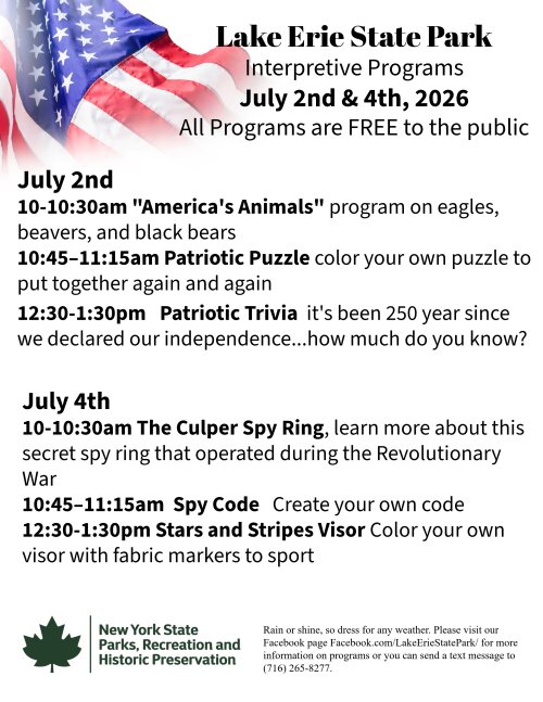 Lake Erie State Park July 2 programs