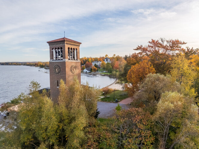 Chautauqua Institution Bell Tower and Chautauqua Lake
