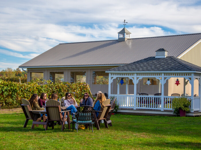 Friends tasting wine outdoors at Liberty Vineyards