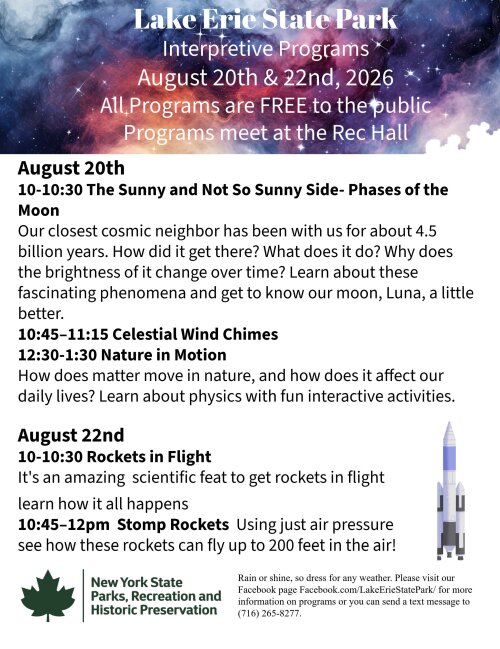 Lake Erie State Park Interpretive Programs August 20 and 22