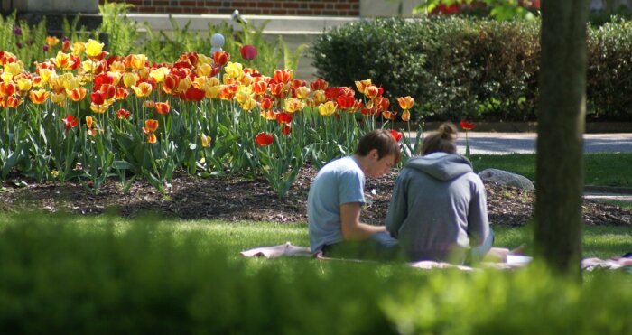 Teens reading next to the tulip beds at Chautauqua