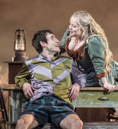 Éanna Hardwicke (Christy Mahon) and Nicola Coughlan (Pegeen Mike) in The Playboy of the Western World at the National Theatre