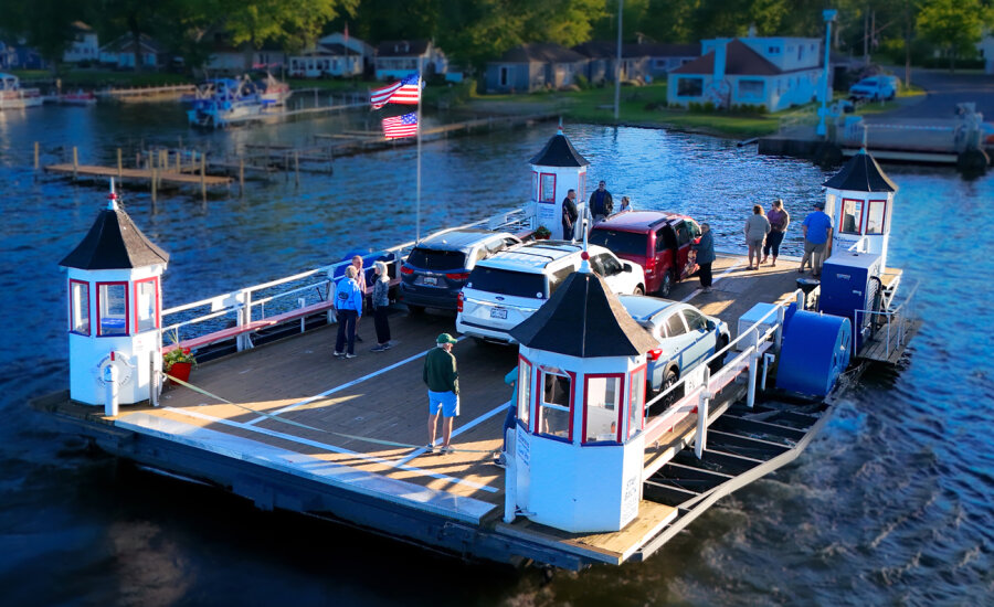 Bemus Point Stow Ferry with cars and passengers on Chautauqua Lake