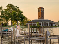 Chautauqua Institution wedding photo on docks by bell tower