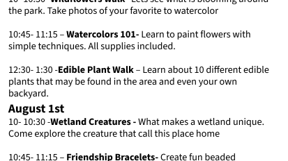 Lake Erie State Park July 30 and August 1 programs