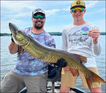 Brandon and Gavin Guthrie with their 45-inch musky - Chautauqua Musky Champions