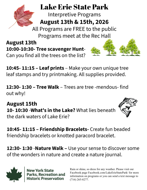 Lake Erie State Park Interpretive Programs August 13 and 15